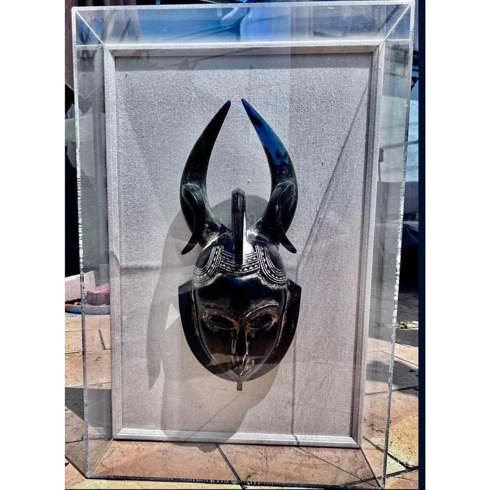 Wood Carved Black African Cermonial Mask In Case